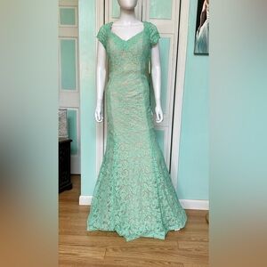 Size 12 Lace Mermaid Mint Green Nude lining Fitted gown Dress Mother Open Back